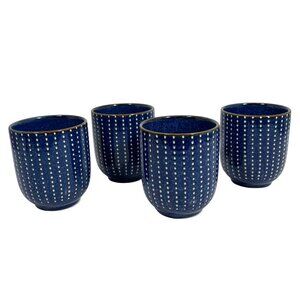 Set Of 4 Danica Heirloom Blue Ceramic Cups White Dots Dishwasher/Microwave Safe